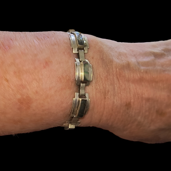 Vintage Taxco Signed Sterling Silver & Abalone Link Bracelet Size 6 1/2 - Picture 5 of 10